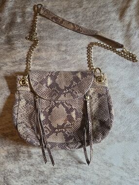 Cynthia Rowley Snake-Print Shoulder Bag in Taupe and Beige with Gold Chain